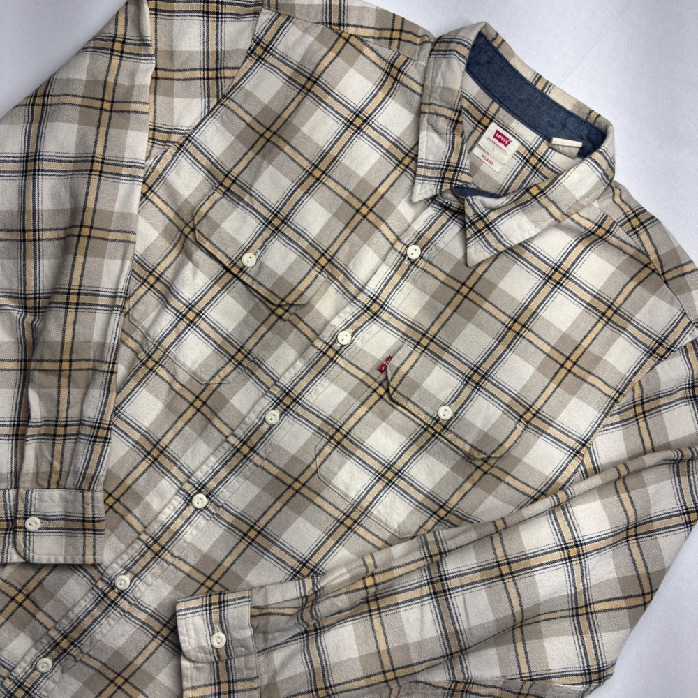 Levis Mens Relaxed Fit Plaid Flannel Shirt Cream Tan Black Long Sleeve Large